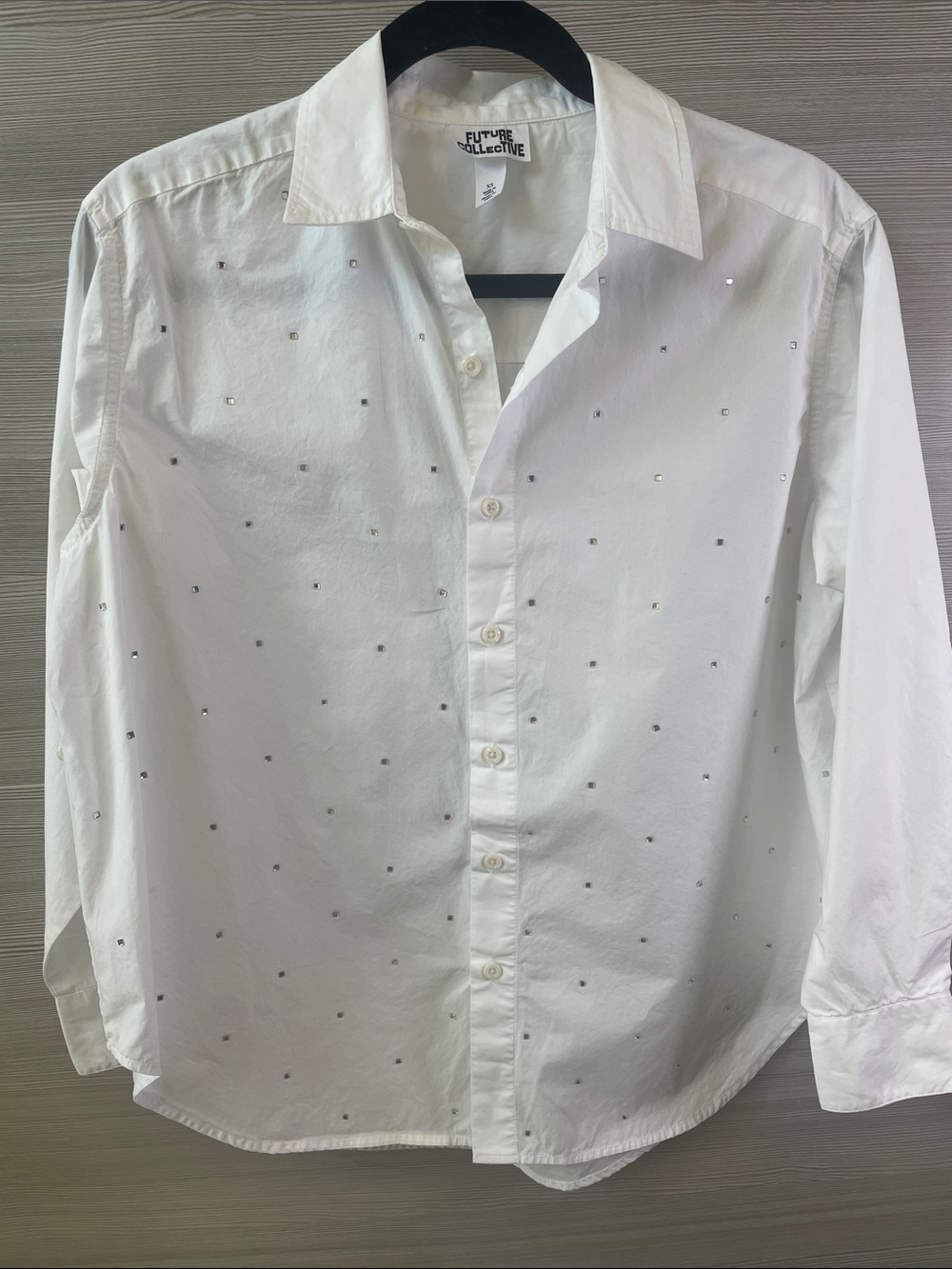 Future Collective 100% Cotton Oversized Rhinestone Embellished White Button Down
